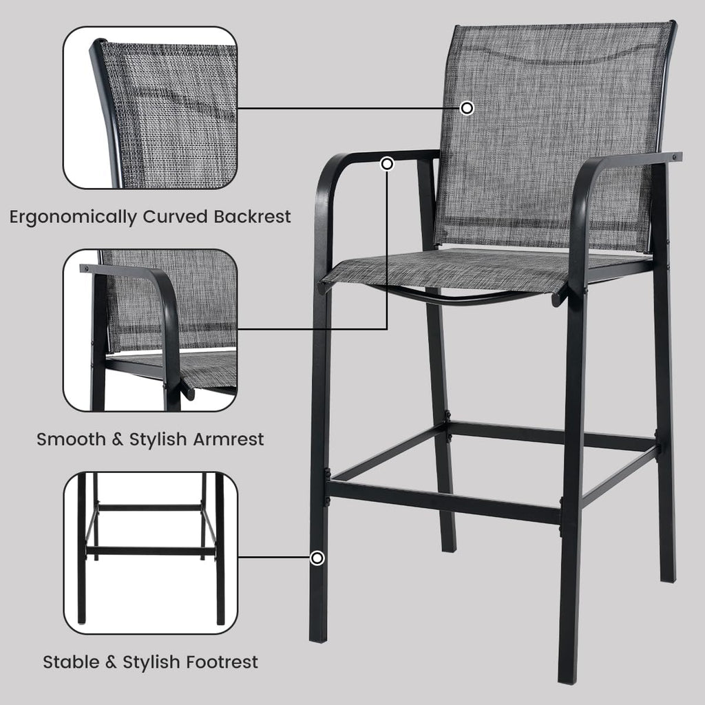 Sundale Outdoor Metal Bar Stool Set of 2, Counter Height Patio Pub Chair with Back, Quick Dry Breathable Sling Tall Barstool for Deck Balcony, Steel - Gray