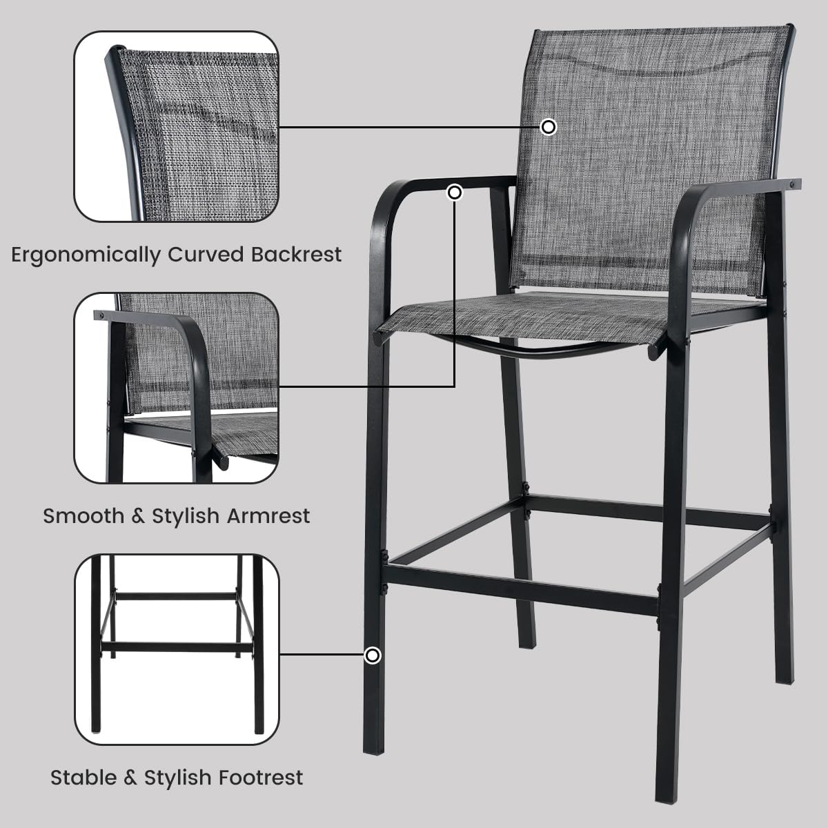 Sundale Outdoor Metal Bar Stool Set of 2, Counter Height Patio Pub Chair with Back, Quick Dry Breathable Sling Tall Barstool for Deck Balcony, Steel - Gray