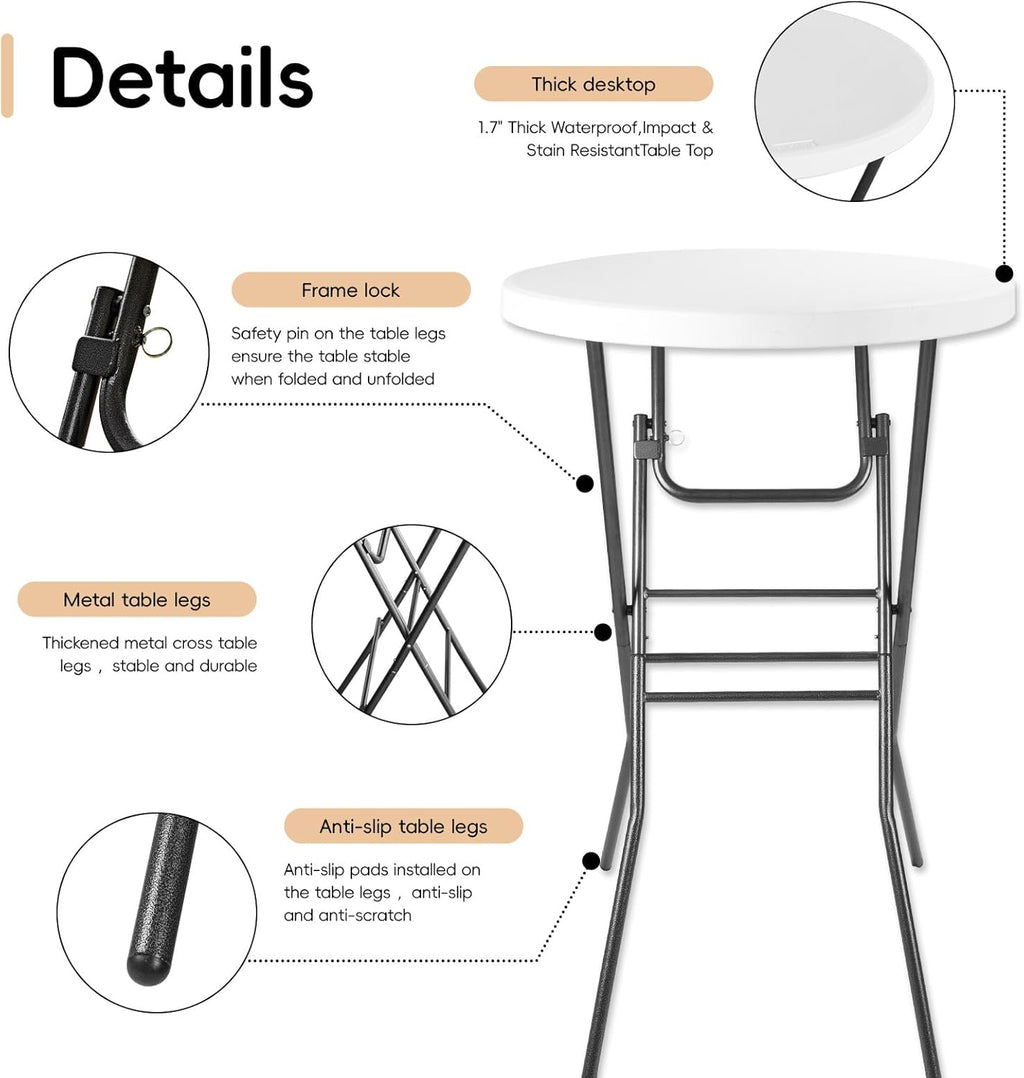 pollilar Cocktail Table 28in Portable Folding Bar Height Table, Compact Round High Top Plastic & Steel Bistro with Removable Legs, for Indoor Outdoor RV Patio Catering Parties Commercial Events-White
