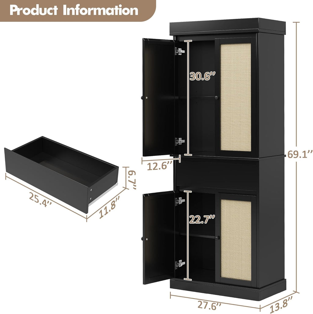 IDEALHOUSE Pantry Cabinet,70" Tall Kitchen Pantry Cabinet with 4 Doors and 3 Adjustable Shelves, Freestanding Cupboard, Modern Storage Cabinet for Bathroom, Dining Room, Living Room， Black Rattan