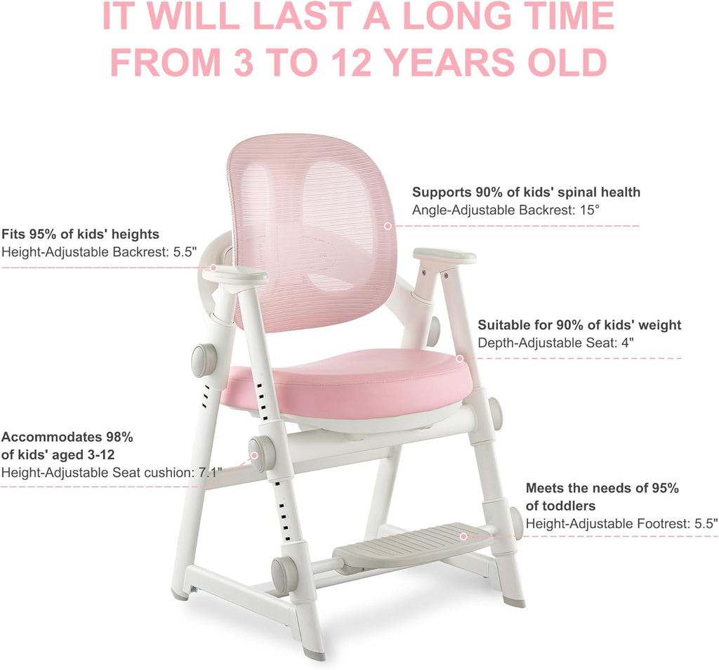 Ergonomic Kids' Study Chair, Height Adjustable Kids Desk Chair for Boys Girls,Comfortable for Teenagers Playing, Drawing, Ideal Gift for Children,Students（Pink）