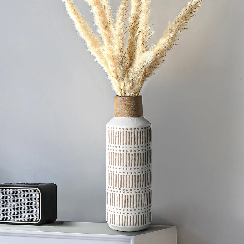Rustic Ceramic Vase for Living Room Bedroom 11.02'' Farmhouse White Flower Vases for Bouquet Fake Plant Home Decor Office Table Shelf Fireplace Centerpieces Retro Vintage Classic Modern