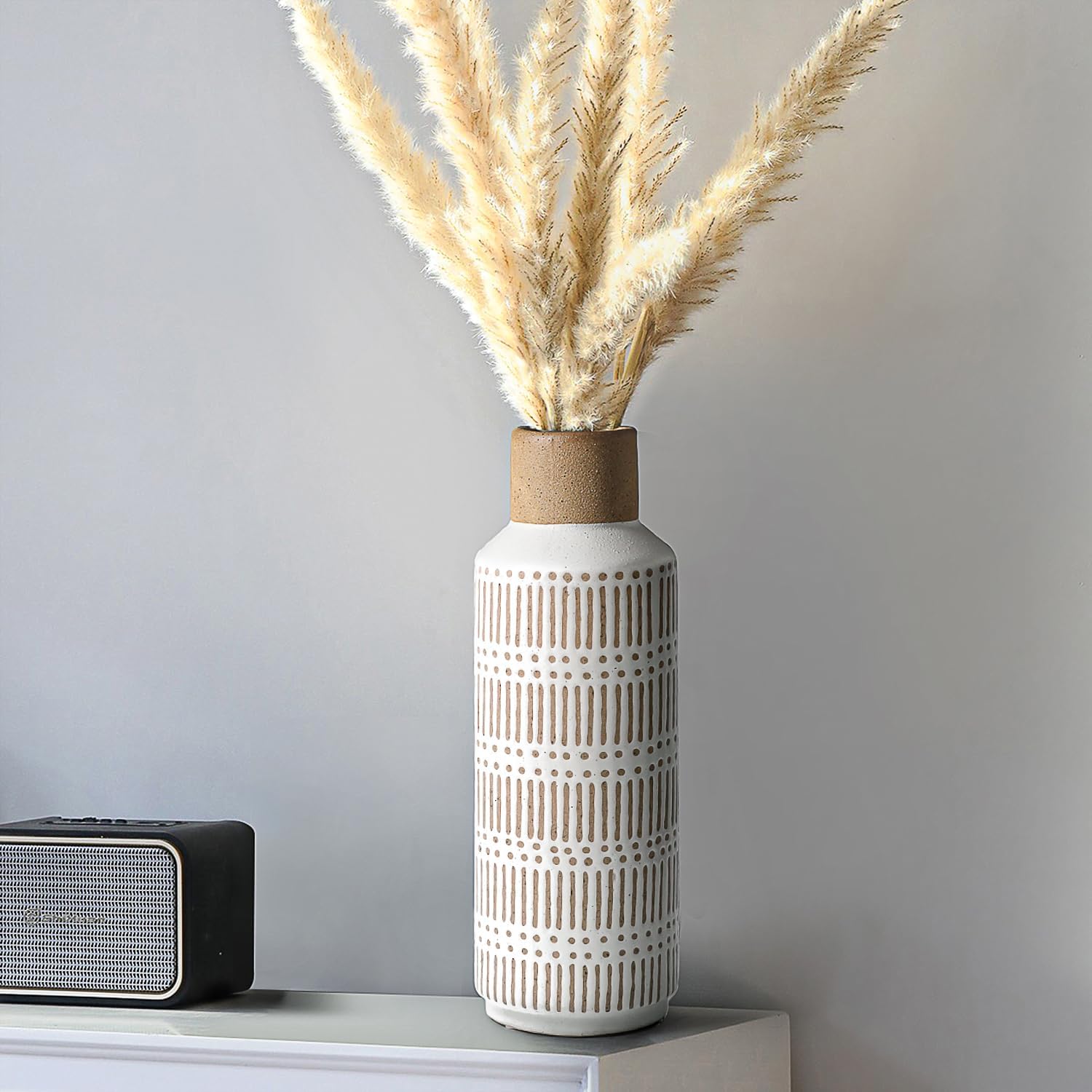 Rustic Ceramic Vase for Living Room Bedroom 11.02'' Farmhouse White Flower Vases for Bouquet Fake Plant Home Decor Office Table Shelf Fireplace Centerpieces Retro Vintage Classic Modern