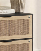 YIGOBUY 27" Boho Rattan Nightstand, 2 Lockable Drawers with Reinforced Lever & Adjustable File Rod, Wooden Storage Bedside End Table for Bedroom Living Room,Black