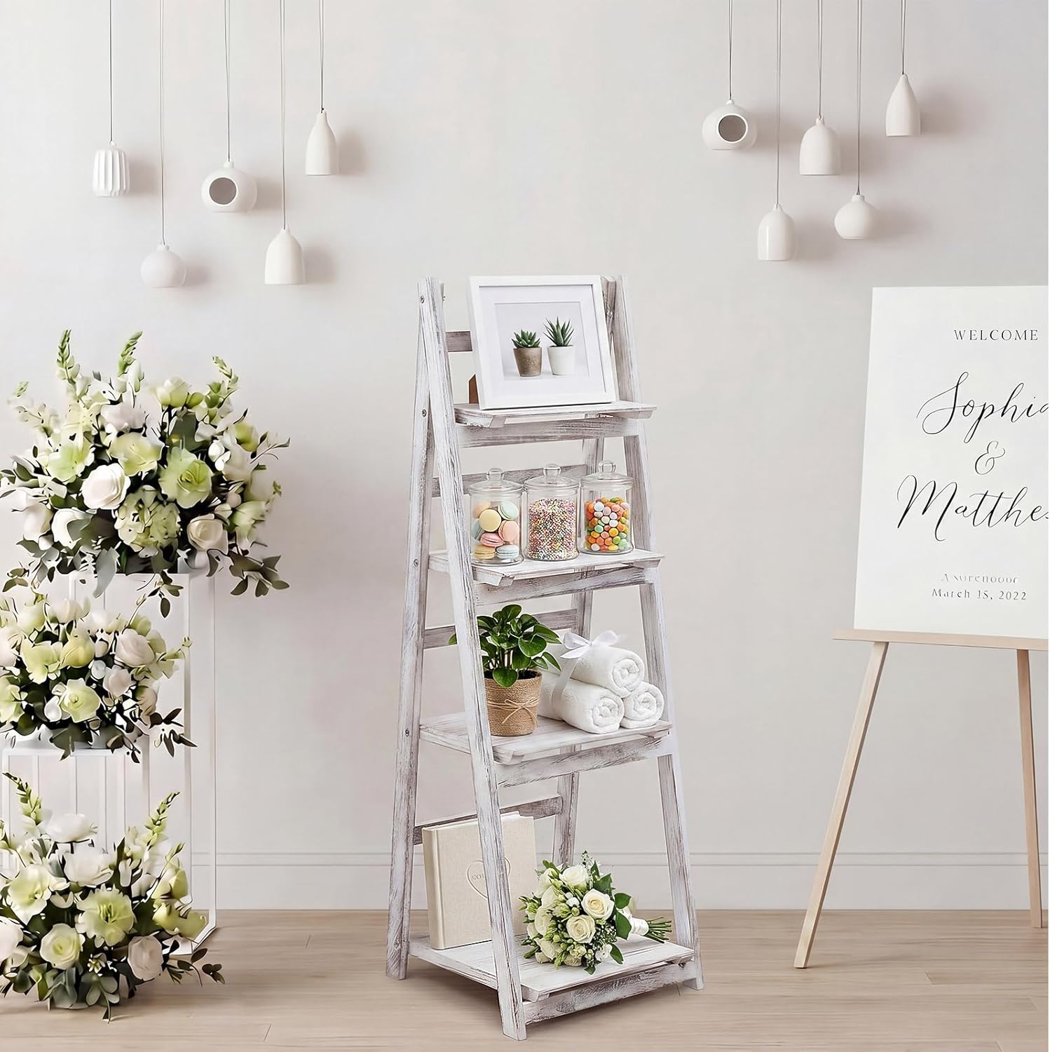 Sintuff White Wooden 4-tier Foldable Ladder Shelf, Sturdy Dessert & Snack Display Stand for Birthday Party & Wedding, Indoor Stand Corner Storage Bookshelf, Rustic Storage Rack, No Tool Assembly