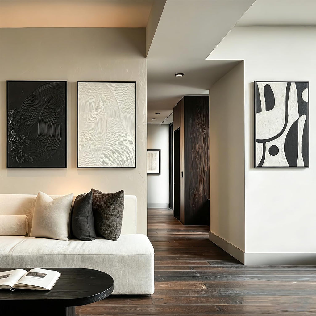 Framed Modern Black and White Abstract Wall Art for Living Room, Large 3 Piece minimalist decor Canvas Artwork for Walls, Prints Pictures Paintings for Hallway Stair Office Wall Decor 20x30 In