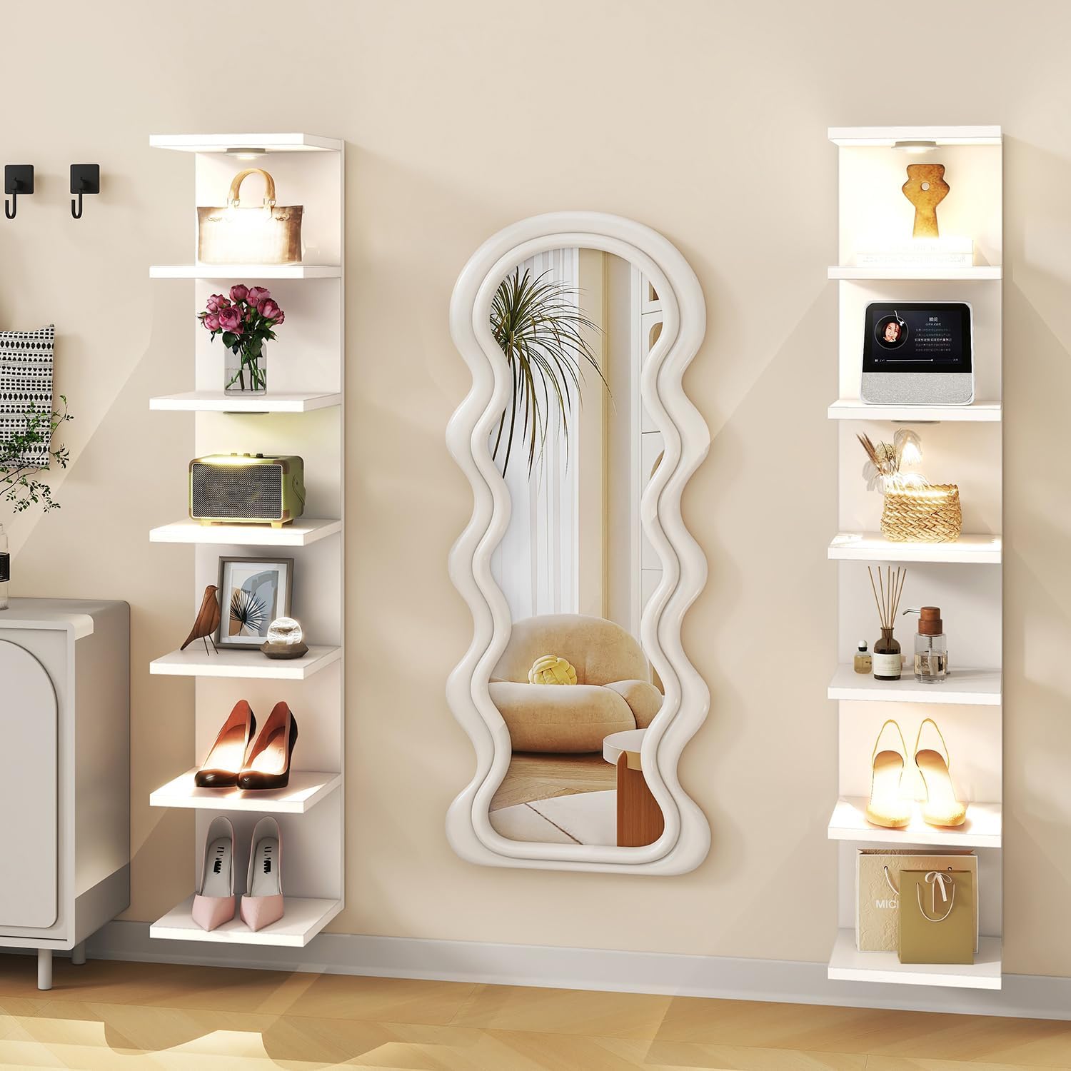IBUYKE 7 Tier Wall Shelf Unit Floating Shelves with LED Lights,Lack Shelf for Wall Storage,Wall Mounted Vertical Display Shelf for Bedroom,Office,Bathroom White WBC017W