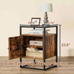 Side Table with 2 Tier Storage Cabinet, Small End Tables Wood Solid with Glass Top, Rustic Industrial Bedside Nightstand for Bedroom, Living Rooms, Small Spaces