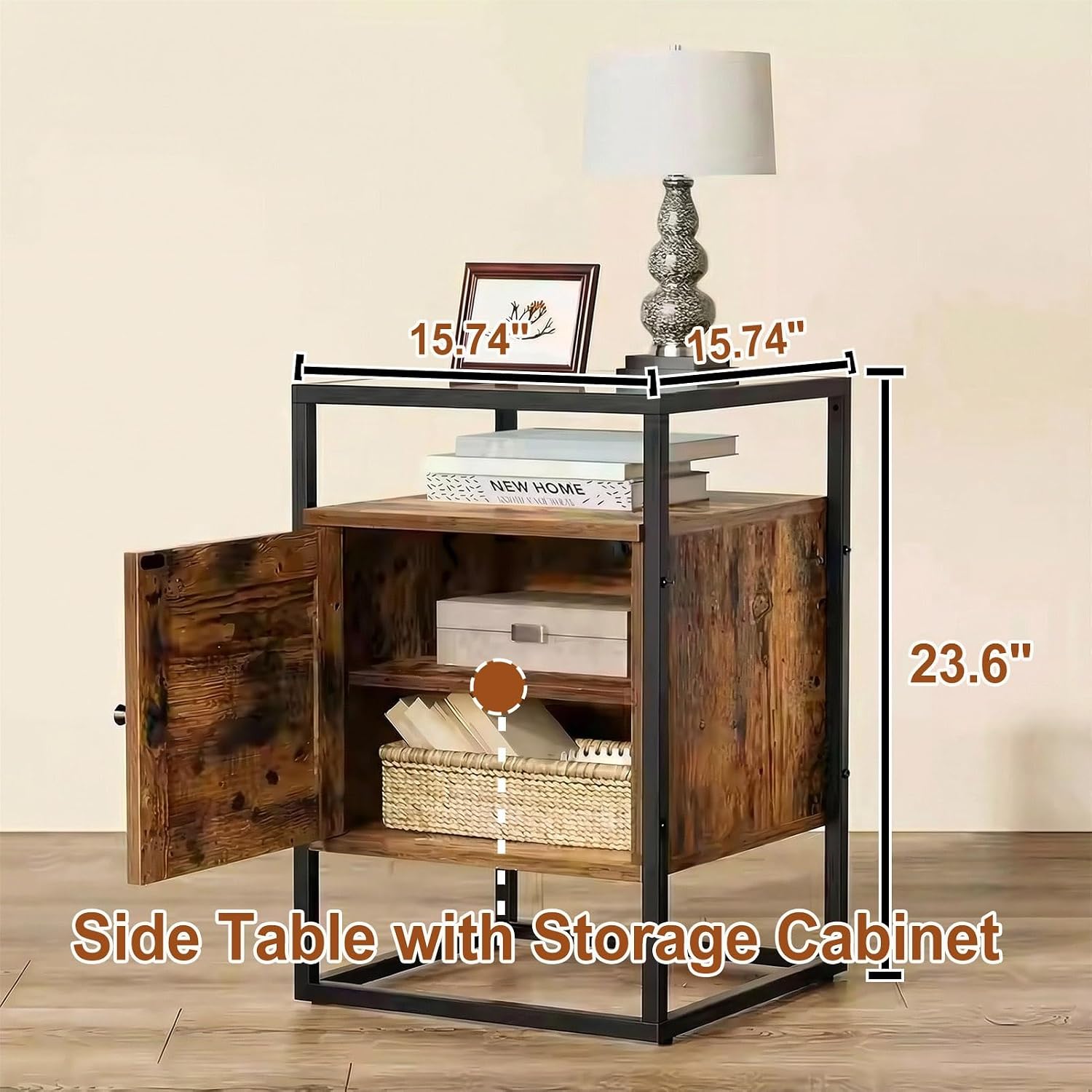 Side Table with 2 Tier Storage Cabinet, Small End Tables Wood Solid with Glass Top, Rustic Industrial Bedside Nightstand for Bedroom, Living Rooms, Small Spaces