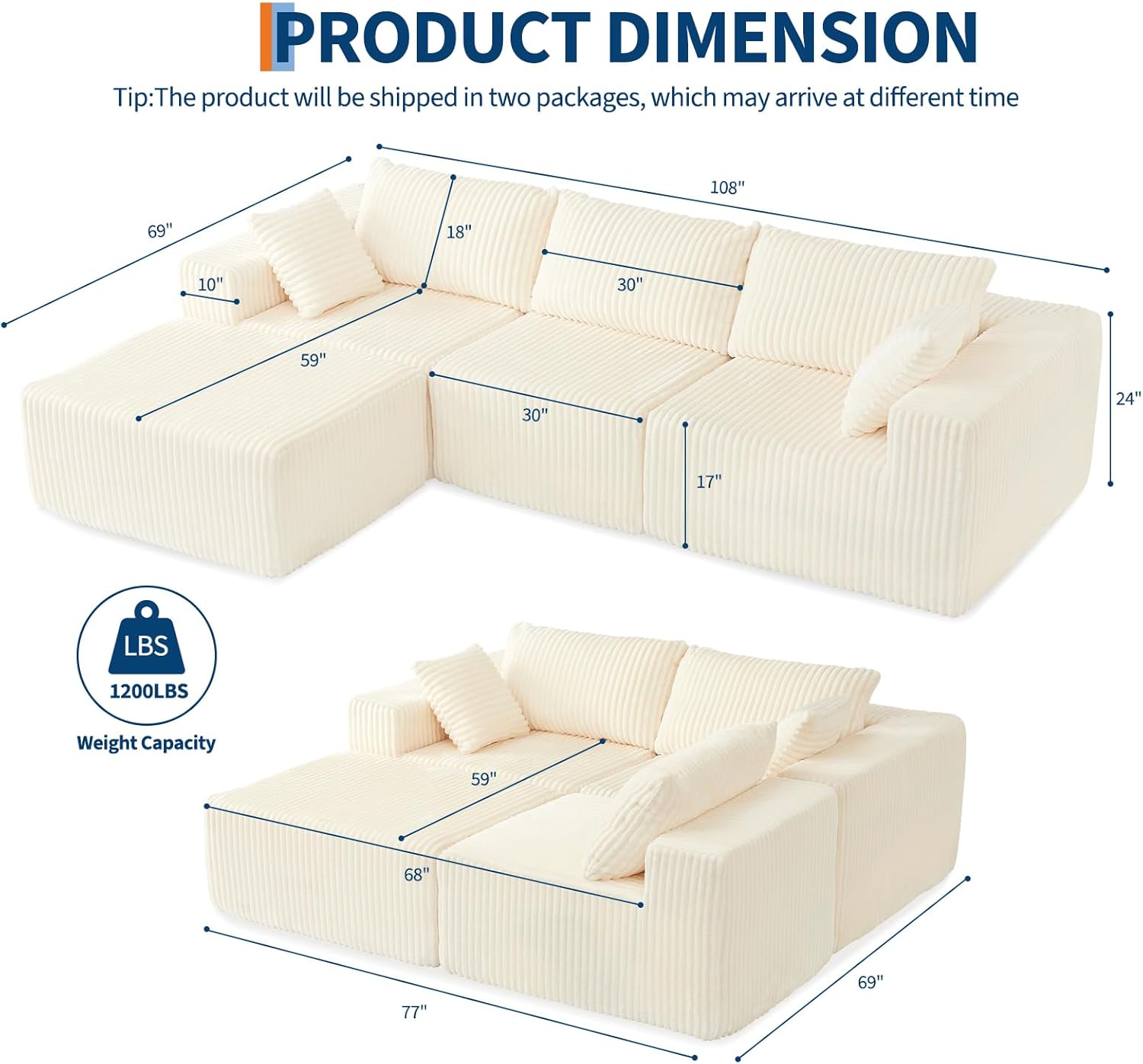 108" Modular Sectional Sofa Couches for Living Room Cloud Memory Boneless Couch No Assembly Required