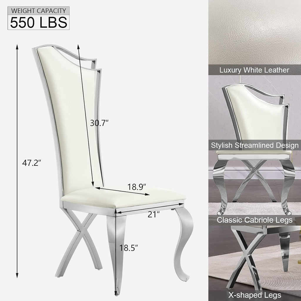 ACEDÉCOR Dining Chairs, White Faux Leather Dining Chairs Set of 6, Gorgeous Streamlined High Back Chair with Silver Mirror Curved and X-Shaped Stainless Steel Legs