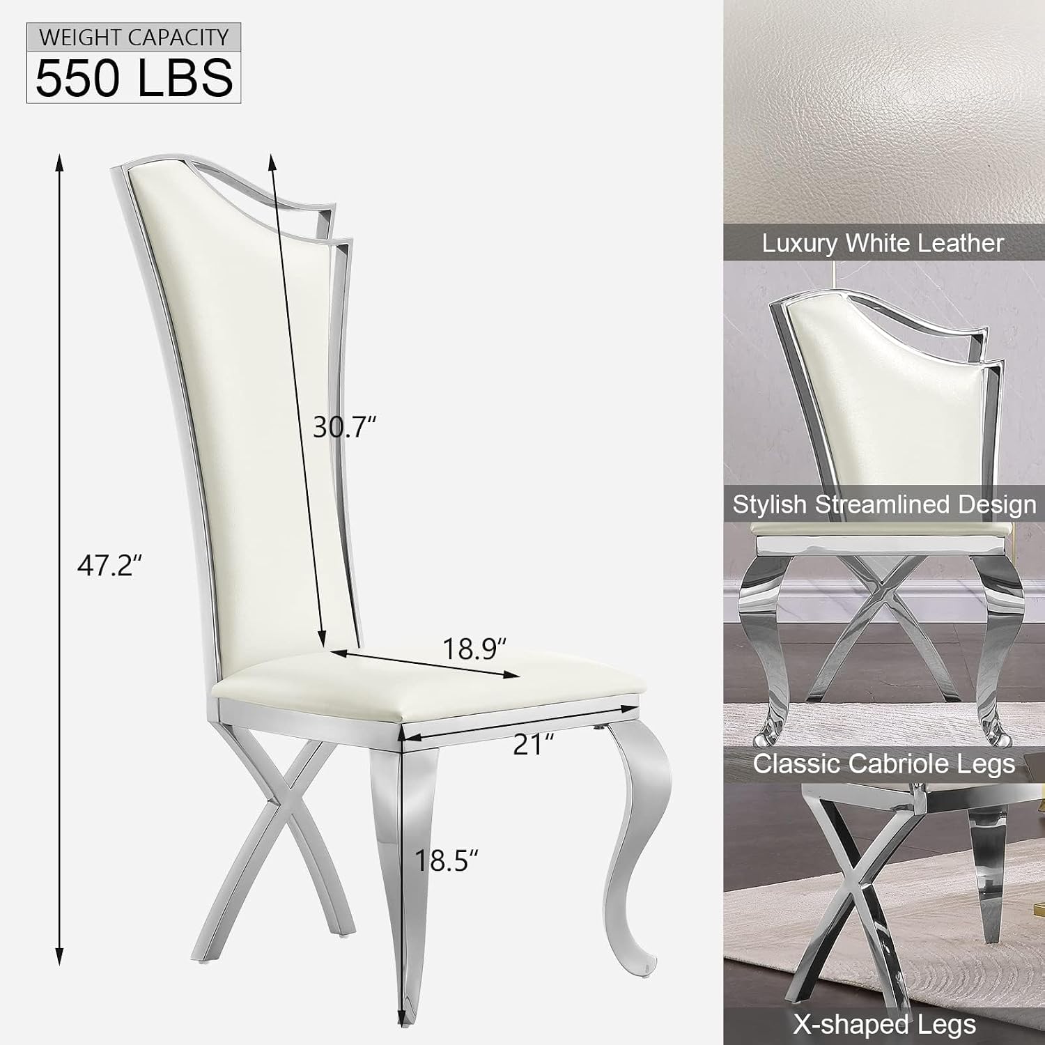 ACEDÉCOR Dining Chairs, White Faux Leather Dining Chairs Set of 6, Gorgeous Streamlined High Back Chair with Silver Mirror Curved and X-Shaped Stainless Steel Legs