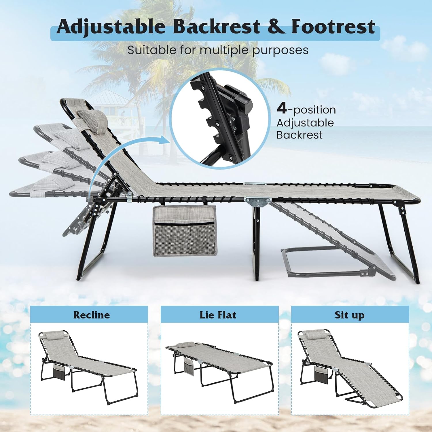 GYMAX Lounge Chair for Outside, 440lbs 27” Oversize Folding Beach Tanning Sunbath Chair with Adjustable Backrest & Removable Pillow, Lightweight Portable Patio Lounger for Lawn Poolside (2, Ashy)