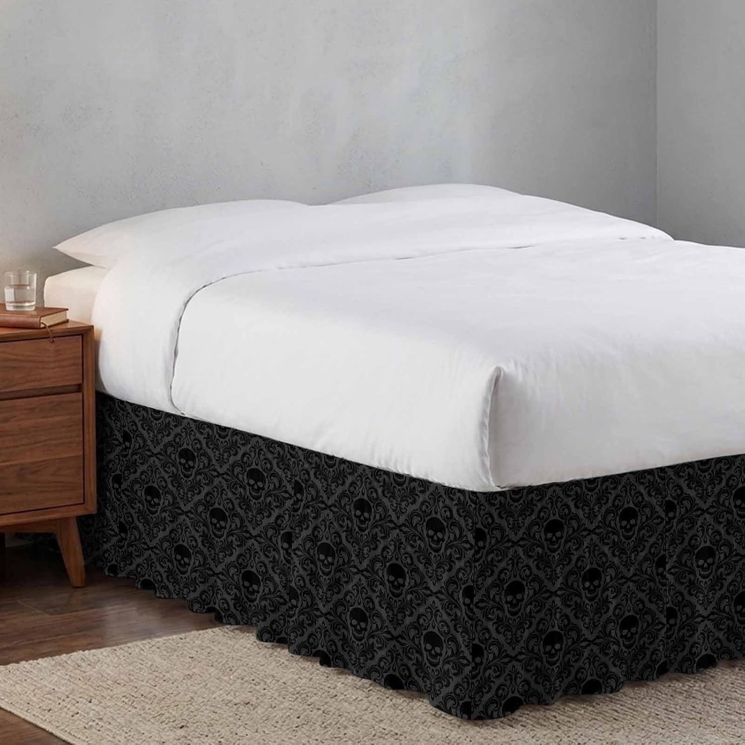 Black Skeleton Bed Skirt Queen Size 16 Inch Drop, Adjustable Elastic Bedskirt Dust Ruffle for Queen Bed, Light Blue Horror Skull Vintage Chic Art Wrap Around Bed Skirts Pleated Bed Frame Cover