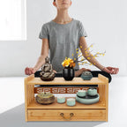 Meditation Storage Table, Altar Table with Drawer, Puja Table Perfect for Home Used, for Meditation Prayers, Desktop Organizer Bamboo Furniture, for Displaying Jars, Plants and Books (Wood Color)