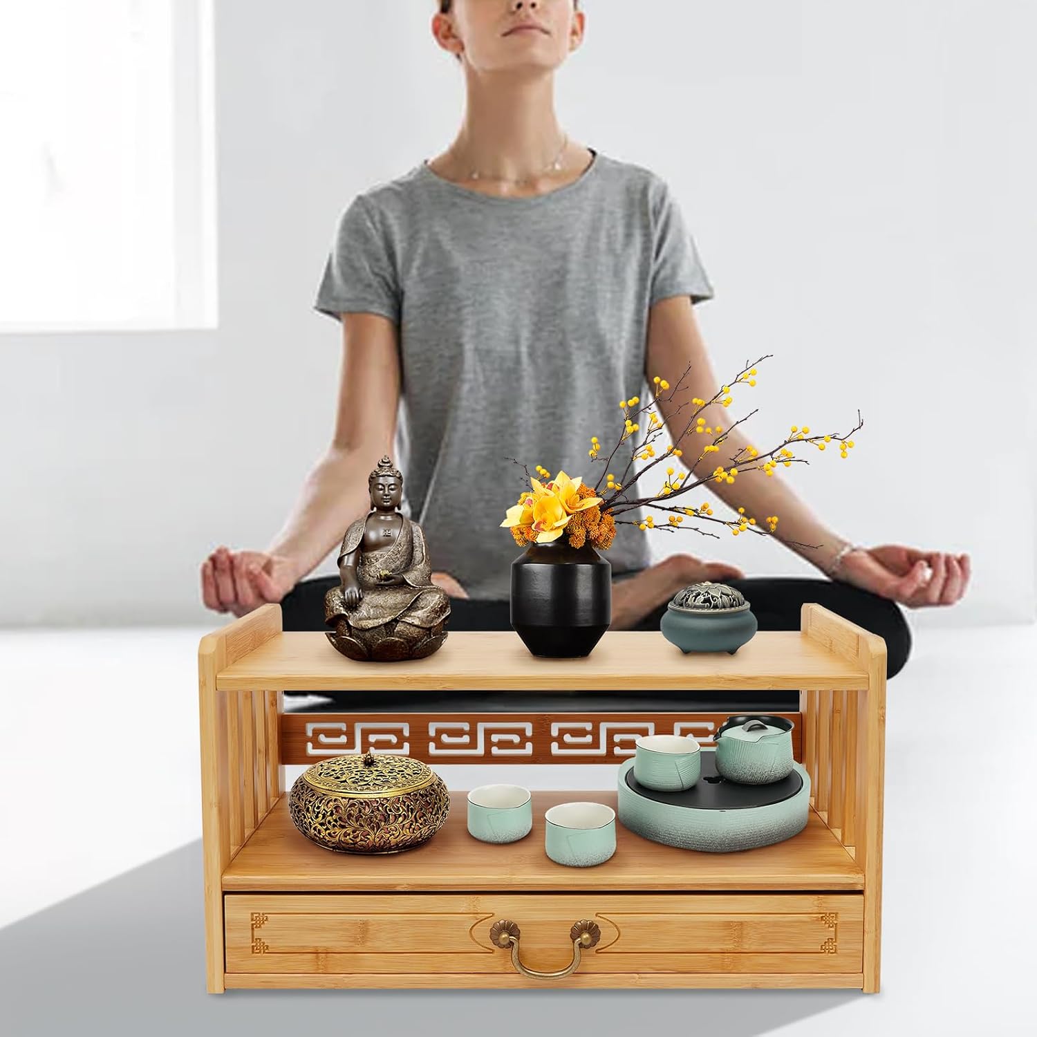 Meditation Storage Table, Altar Table with Drawer, Puja Table Perfect for Home Used, for Meditation Prayers, Desktop Organizer Bamboo Furniture, for Displaying Jars, Plants and Books (Wood Color)