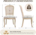 Wicker Dining Chairs Set of 2, Upholstered Linen Fabric Dining Room Chairs with Square High Rattan Back Farmhouse French Kitchen Chairs for Dining Table/Living Room/Restaurant, White