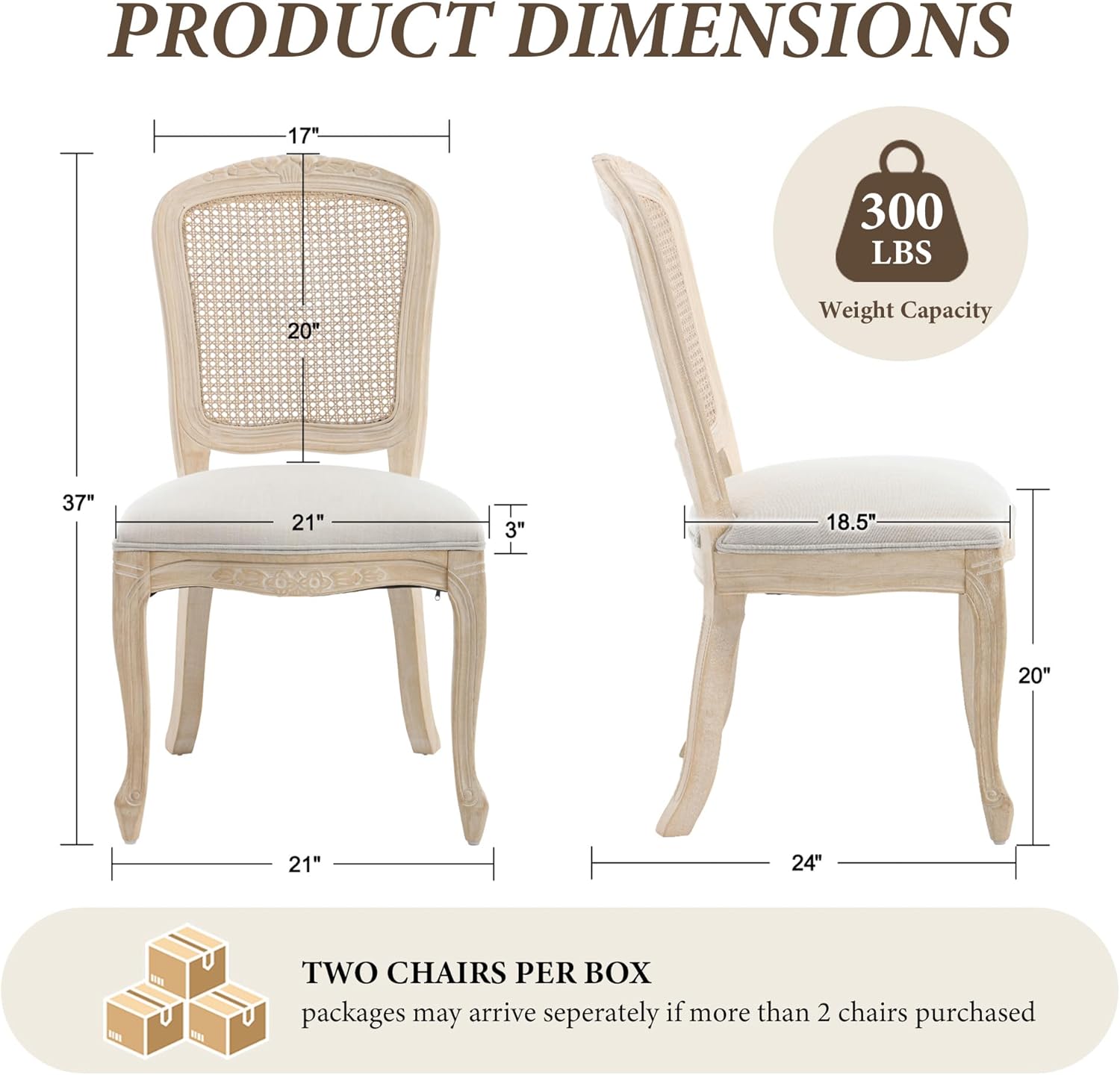 Wicker Dining Chairs Set of 2, Upholstered Linen Fabric Dining Room Chairs with Square High Rattan Back Farmhouse French Kitchen Chairs for Dining Table/Living Room/Restaurant, White