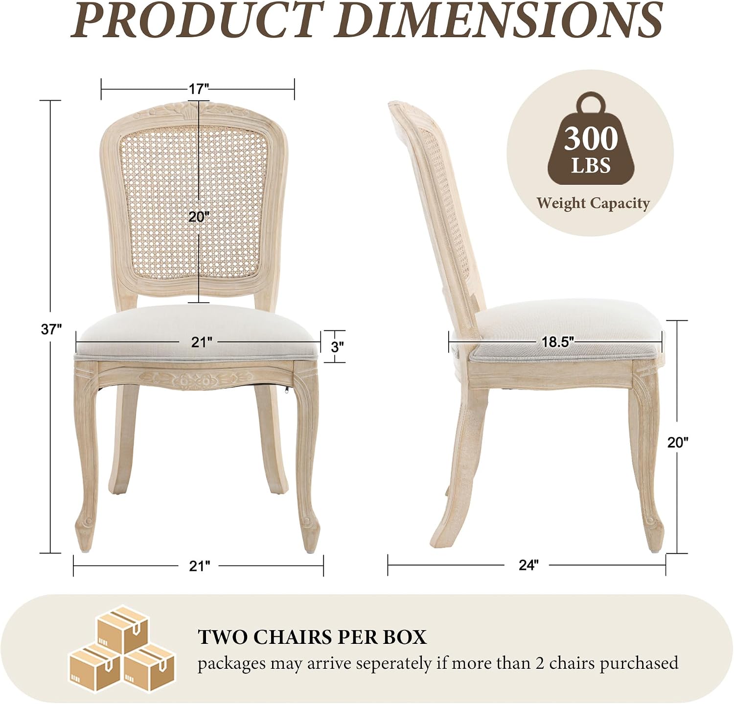 Wicker Dining Chairs Set of 6, Upholstered Linen Fabric Dining Room Chairs with Square High Rattan Back Farmhouse French Kitchen Chairs for Dining Table/Living Room/Restaurant, White