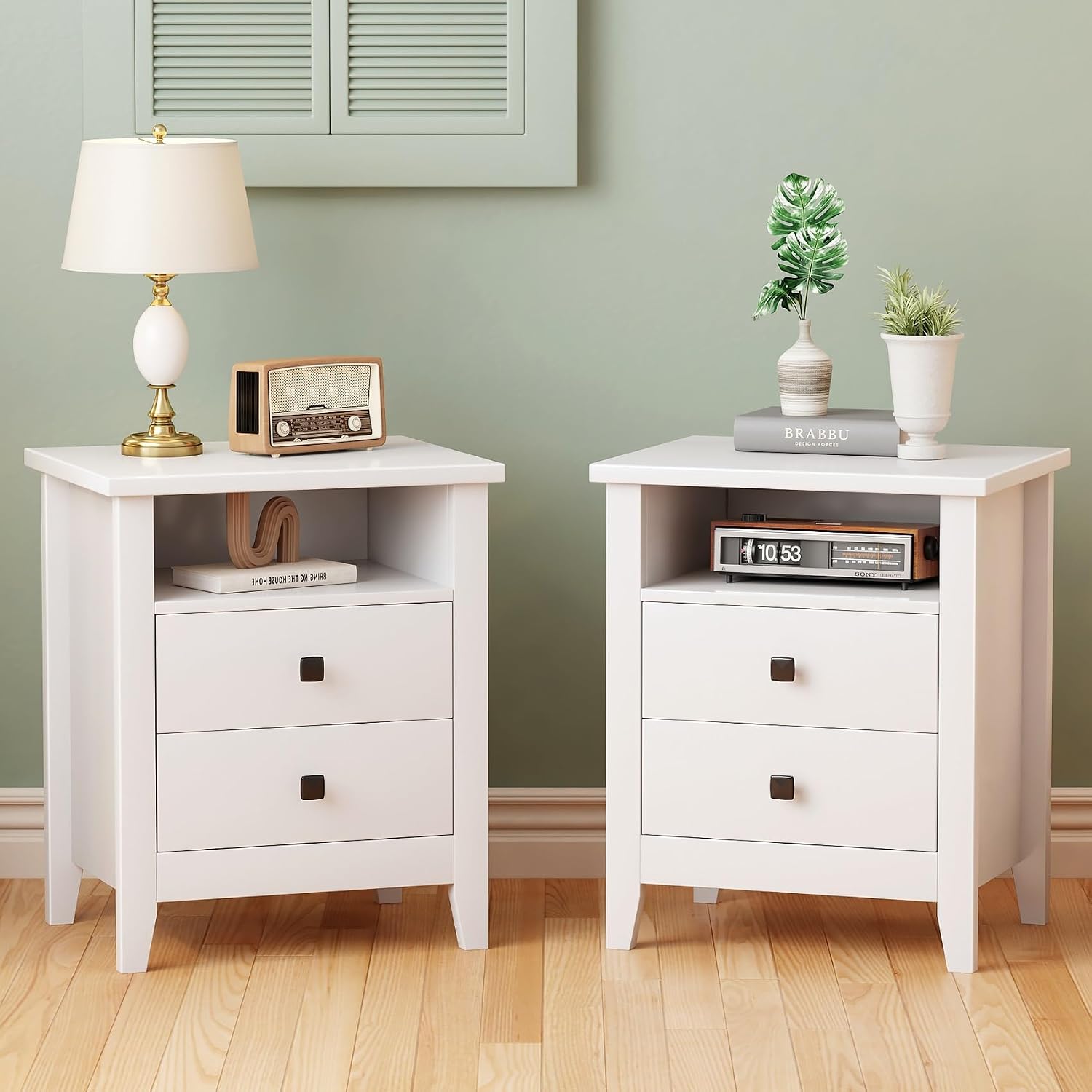 JSB Farmhouse Nightstand Set of 2 with 2 Drawers, Open Shelf for Bedroom | Night Stand, End Table,Bed Side, Side Table with Storage for Bedroom Kids Room Living Room, Holds 110 lbs,Sturdy, White