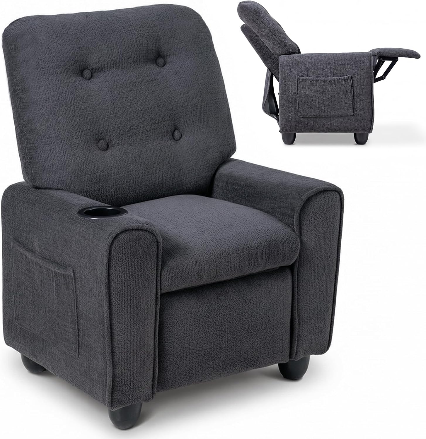 INFANS Kids Recliner, Toddler Lounge Chair with Adjustable Backrest Footrest Cup Holder Side Pockets, Velvet Leather Toddler Couch