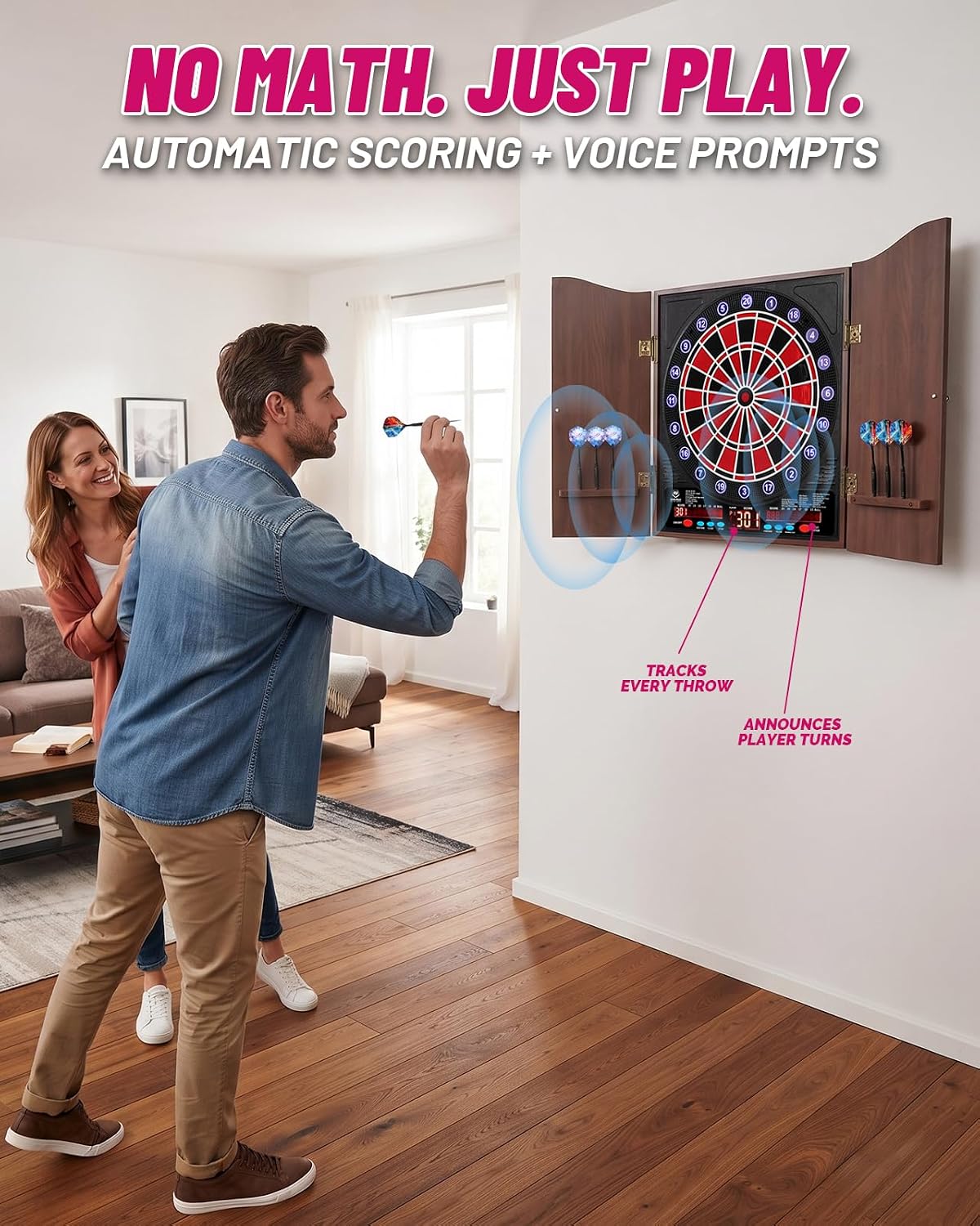 Electronic Dart Board with Cabinet Set, Dartboard with 8-Player Color Light | 3 Large LCD Displays with 34 Games, Automatic Scoring, 12 Darts+100 Tips, Great Gift for Man Cave Game Room Home Bar
