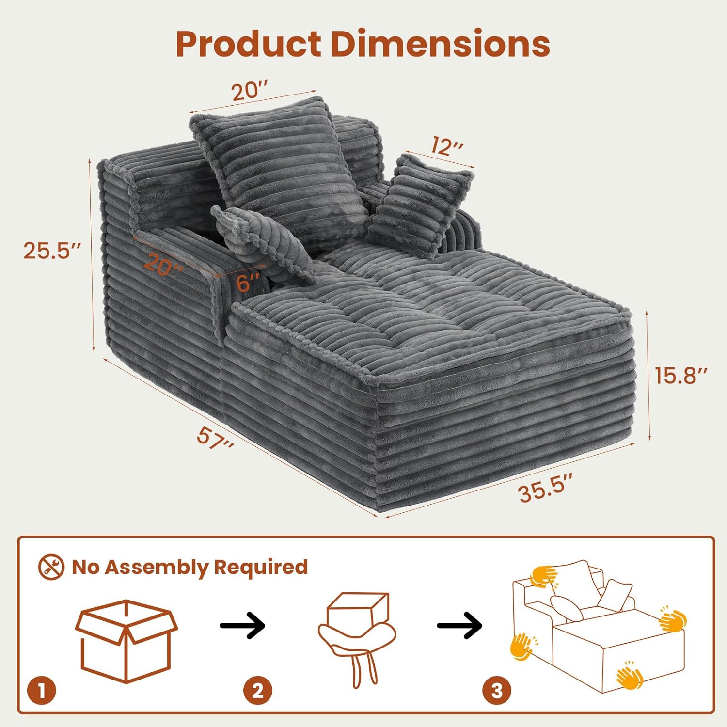 Boneless Chaise Lounge Chair Indoor, Top Fixed-Point Comfort Layer Boneless Couch, 57'' Cloud Corduroy Sofa Bed, Block + Crumb Foam Construction, Deep Seat Reading Chair with 3 Pillows, No Assembly