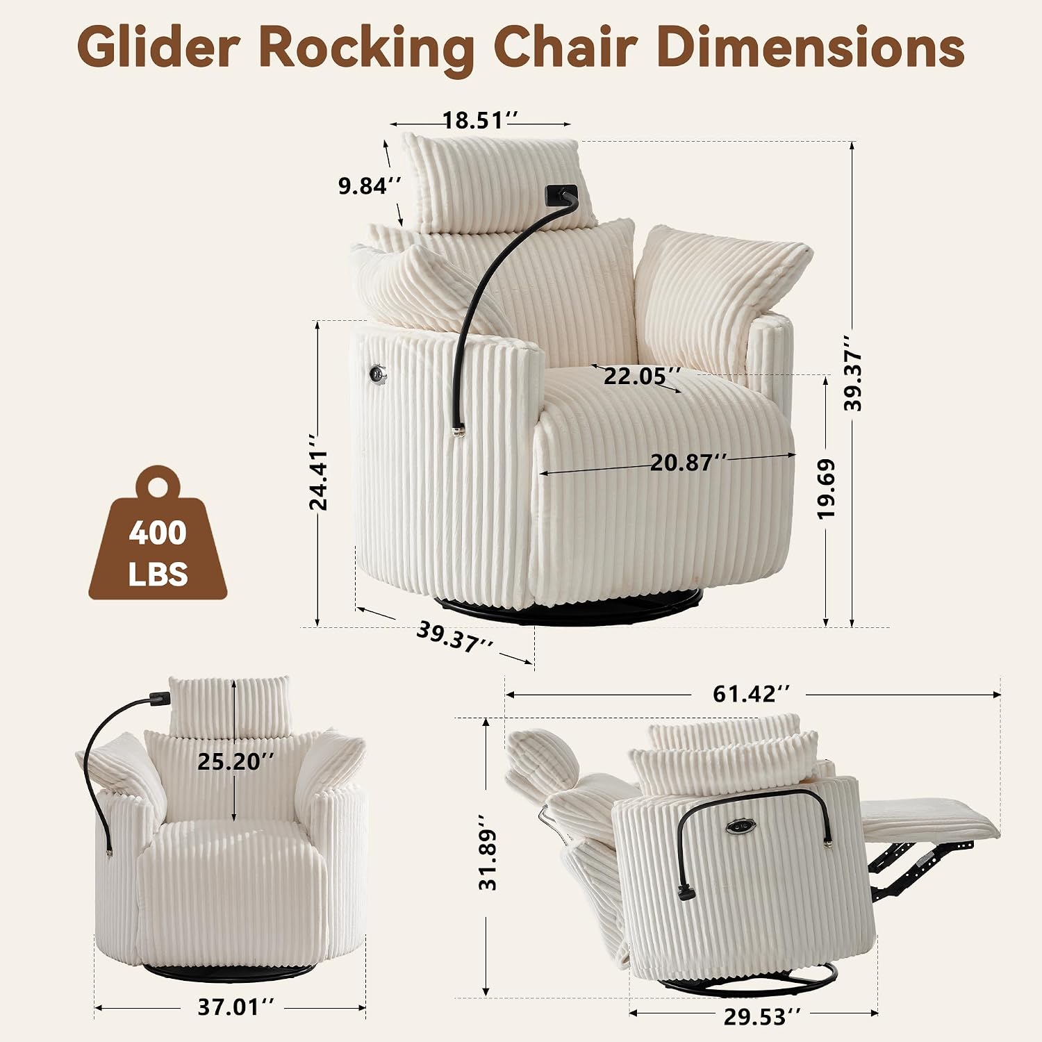 FOXHUNTER Power Nursery Rocking Chairs Glider Rocking Chair 300°Swivel Rocking Recliner with USB Charging Port and Phone Holder,Footrest,for Living Room, Corduroy, White