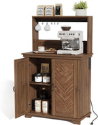 JOINICE Farmhouse Coffee Bar Cabinet with Storage,31.5" Kitchen Cabinet with Hooks and Charging Station,Coffee Station with Adjustable Shelf and Hutch,Sideboard for Living Dining Room