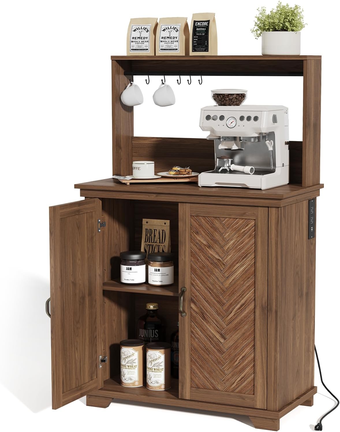 JOINICE Farmhouse Coffee Bar Cabinet with Storage,31.5" Kitchen Cabinet with Hooks and Charging Station,Coffee Station with Adjustable Shelf and Hutch,Sideboard for Living Dining Room