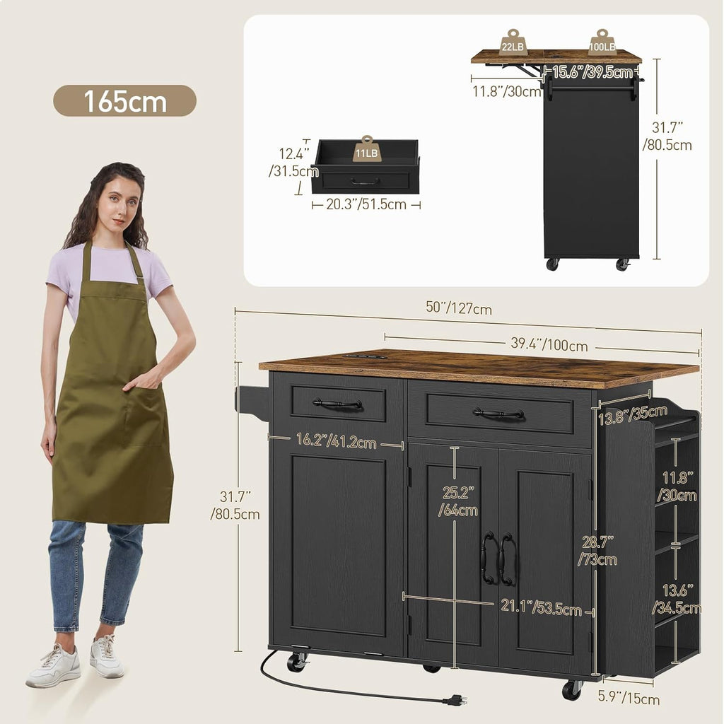 RALGEND Kitchen Island with Power Outlet & Drop Leaf, Mobile Rolling Cart with Trash Can Storage, 3-Tier Spice Rack, Island Table for Kitchen, Dining Room, Black and Rustic Brown