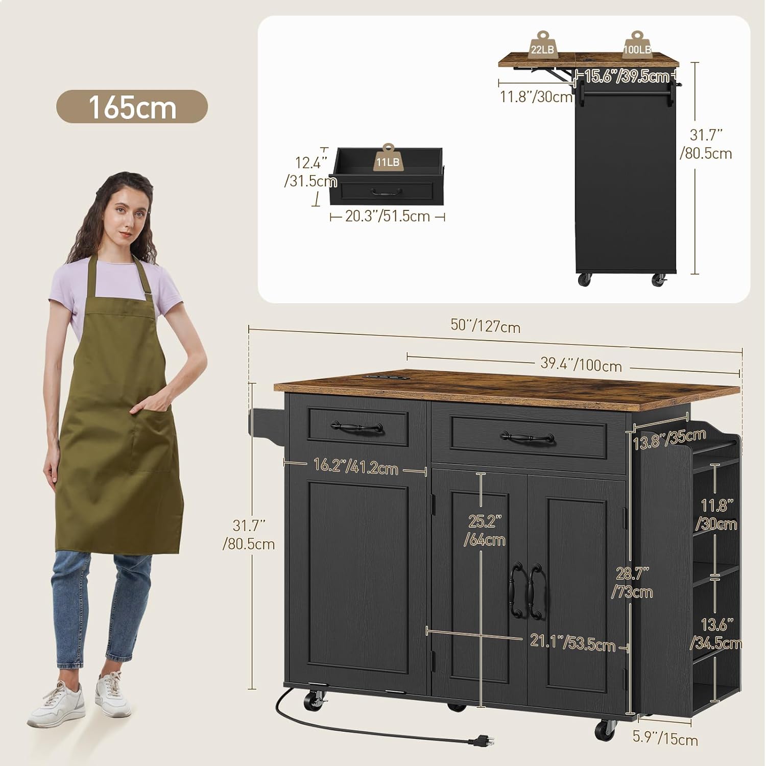 RALGEND Kitchen Island with Power Outlet & Drop Leaf, Mobile Rolling Cart with Trash Can Storage, 3-Tier Spice Rack, Island Table for Kitchen, Dining Room, Black and Rustic Brown