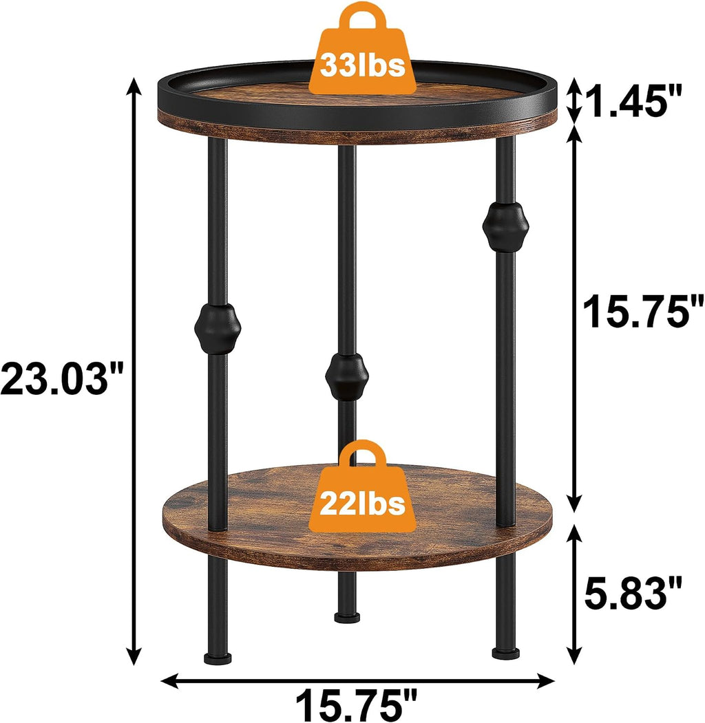 Farmhouse Round Side Table with Storage Shelf,2 Tier End Table with Raised Edge Tray Top,Accent Sofa Table for Small Space,Living Room,Bedroom,Rustic Brown