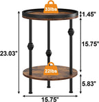 Farmhouse Round Side Table with Storage Shelf,2 Tier End Table with Raised Edge Tray Top,Accent Sofa Table for Small Space,Living Room,Bedroom,Rustic Brown
