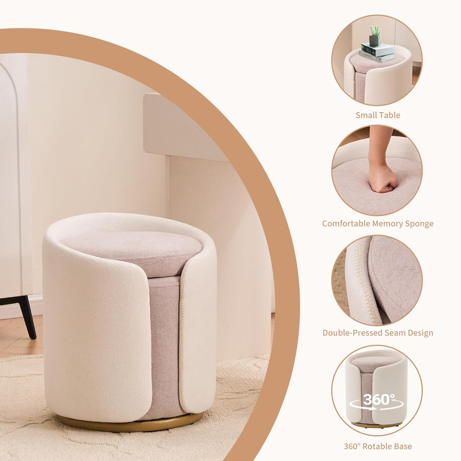 Vanity Chair with Storage, Round Boucle Vanity Stool No Wheels, Swivel Ottoman Chair with Upholstered for Women, Gold Base, Beige