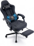 Gaming Chair with Footrest, Ergonomic Reclining Computer Chair, Height Adjustable, Lumbar Support, Adjustable Headrest, 360° Swivel High Back Chair for Home, Gaming (Black Leather)