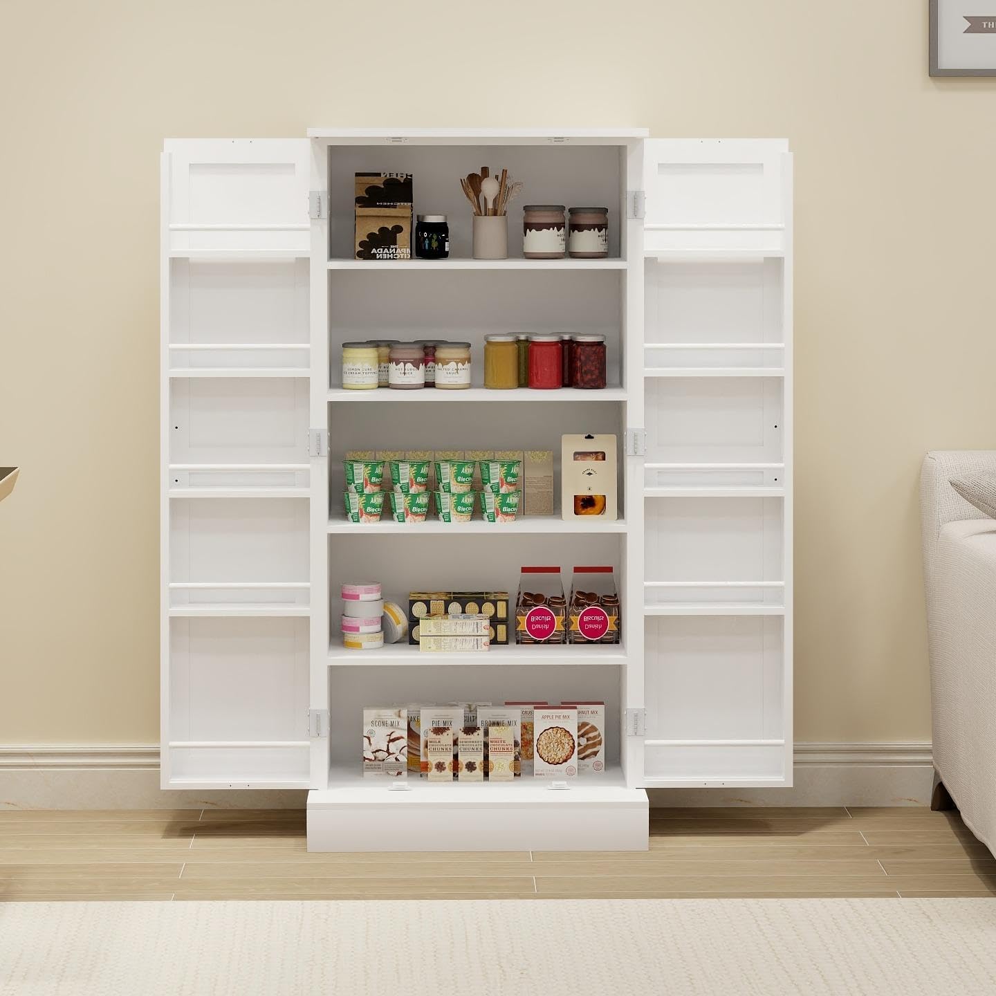 Pantry Storage Cabinet with 5-Tier Shelves, Multi-Purpose Organizer for Kitchen, Dining, and Living Rooms - 150 Lbs Load-Bearing