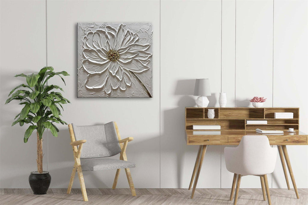 Slyart Hand Paintings 3D Floral Canvas Wall Art 24x24 Inches Abstract White Flower Paintings Modern Contemporary Texture Wall Art White Artwork for Home Decorations