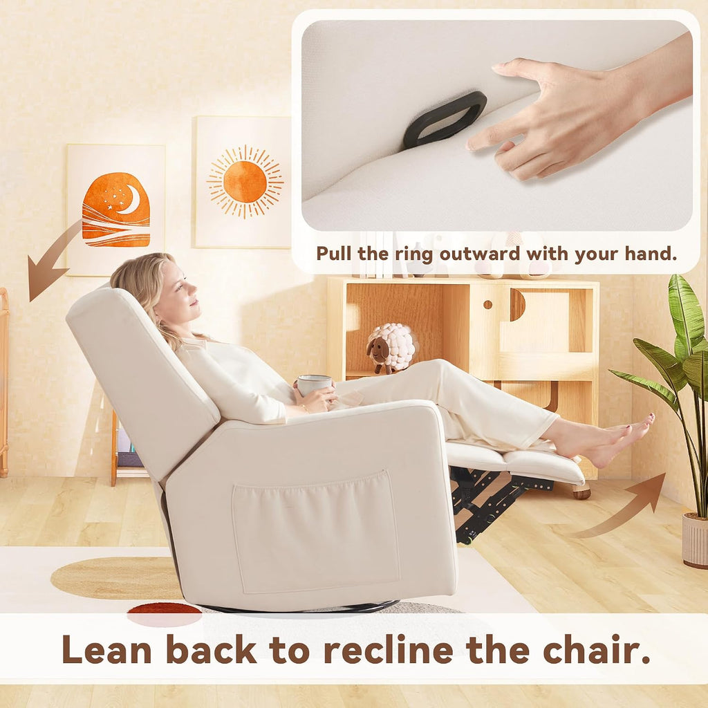 Tbfit 32" Nursery Rocking Chair, 360° Swivel Recliner Chair with Lumbar Support for Bedroom, Comfy Upholstered Armchair with Pillows & Footrest for Living Room & Baby Room