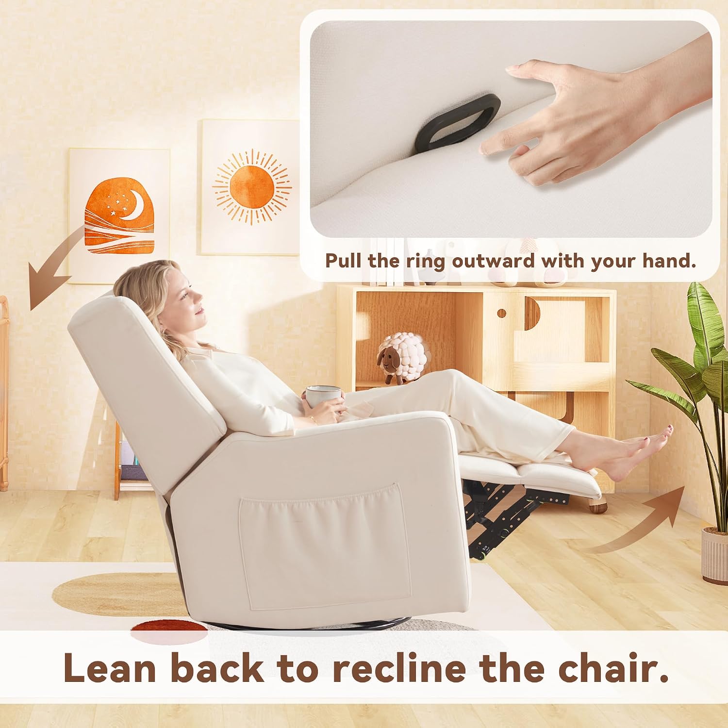 Tbfit 32" Nursery Rocking Chair, 360° Swivel Recliner Chair with Lumbar Support for Bedroom, Comfy Upholstered Armchair with Pillows & Footrest for Living Room & Baby Room