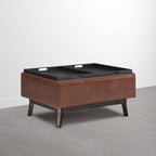 SIMPLIHOME Owen Small Coffee Table Storage Ottoman - 34 inch Wide Upholstered Vegan Leather Rectangle Ottoman in Distressed Pecan Brown, Mid-Century Modern Ottoman for Entryway with Serving Trays