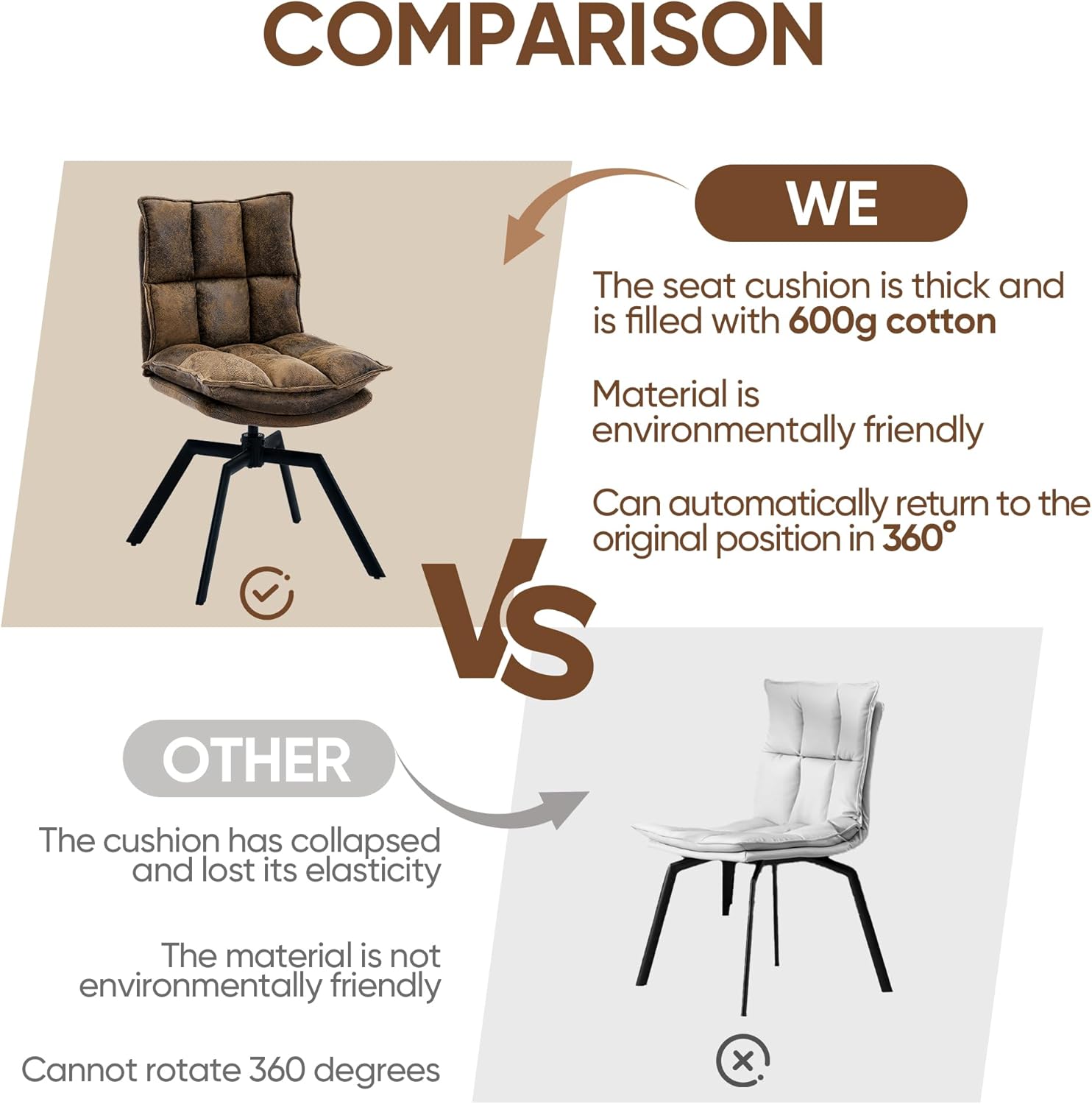 KEEZY Swivel Dining Chairs Set of 2, Mid-Century Modern Chairs with PU Leather, High Back with High-Density Stuffed PP Cotton & Automatic Swivel Metal Legs, Suitable for Kitchen & Living Room（Brown）