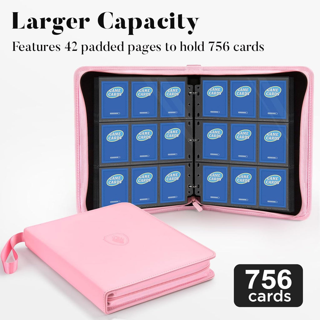 Fabmaker 9 Pocket Card Binder, Premium Trading Card Binder Holds 756 Cards, PU Cover 3 Ring Zipper Card Binder, Portable Baseball Card Binder, Collection Album for Game & Sport Cards, Black