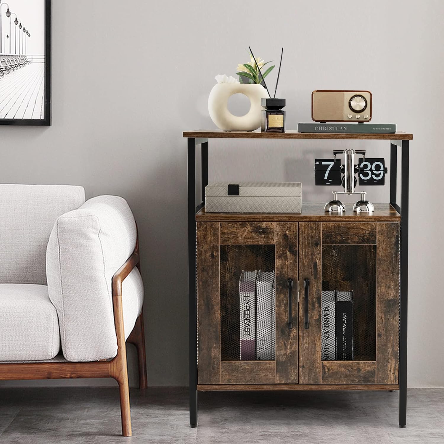 TANGZON Wine Bar Cabinet, Drinks Storage Sideboard with Glass Holder and Removable Bottle Shelf, Freestanding Organizer Cupboard Unit for Home Kitchen