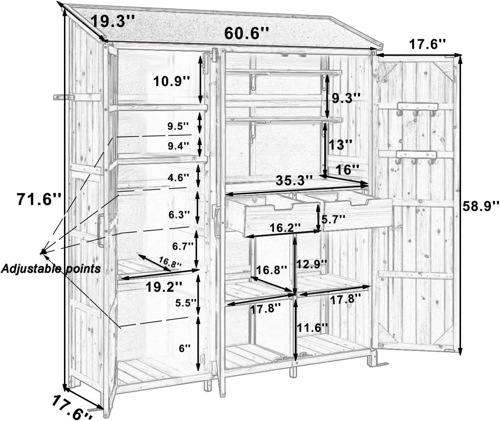 Merax Potting Bench with Waterproof Roof, Patio Garden Shed with 3 Doors Storage Cabinet with Workstation, 7 Storage Shelves, 2 Drawers and 6 Hooks for Backyard, Natural
