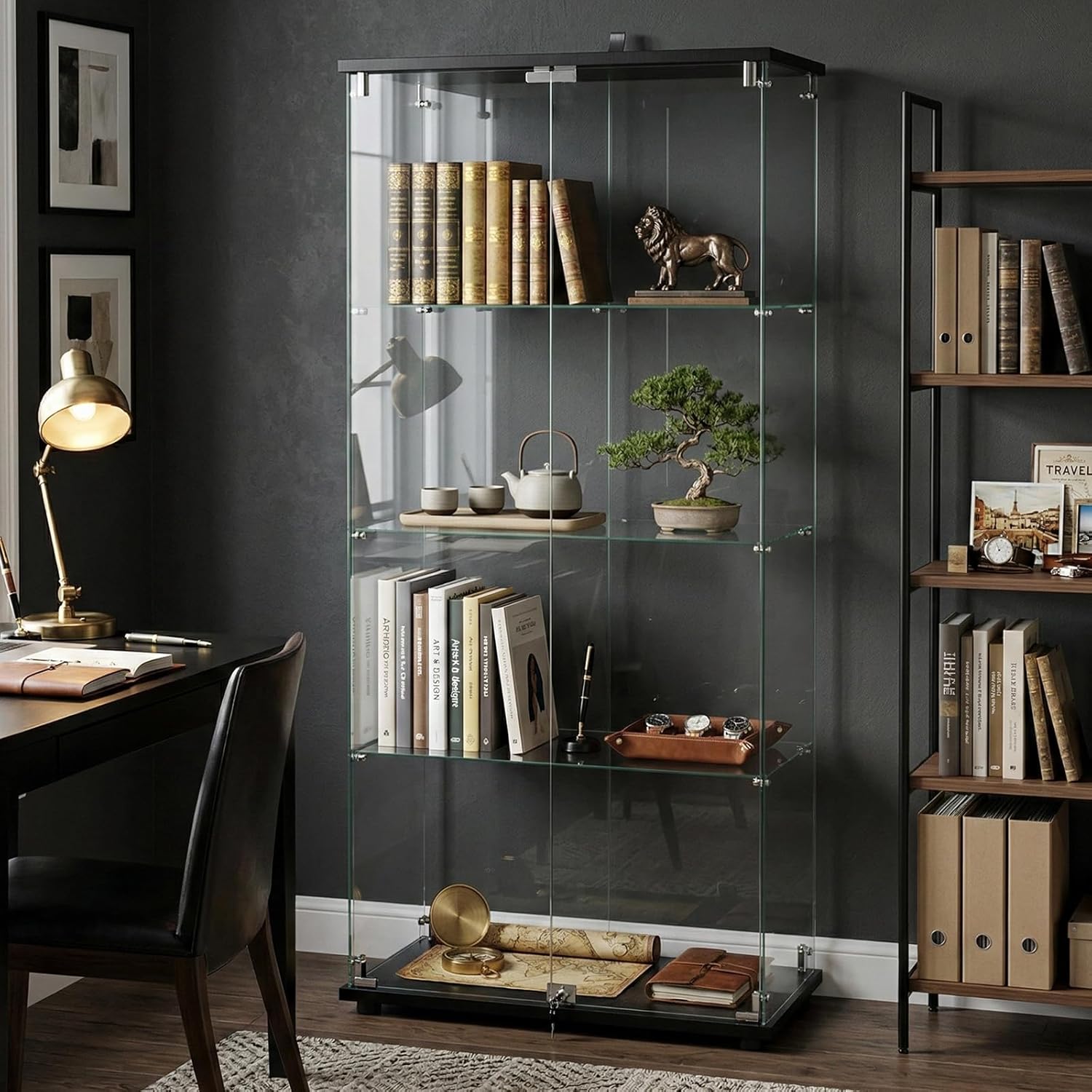 BEAUTYPEAK Tempered Glass Display Cabinet, 4-Tier Curio Cabinet with Glass Doors and Lock, Glass Display Case for Collectibles, for Living Room, Double Door, Black