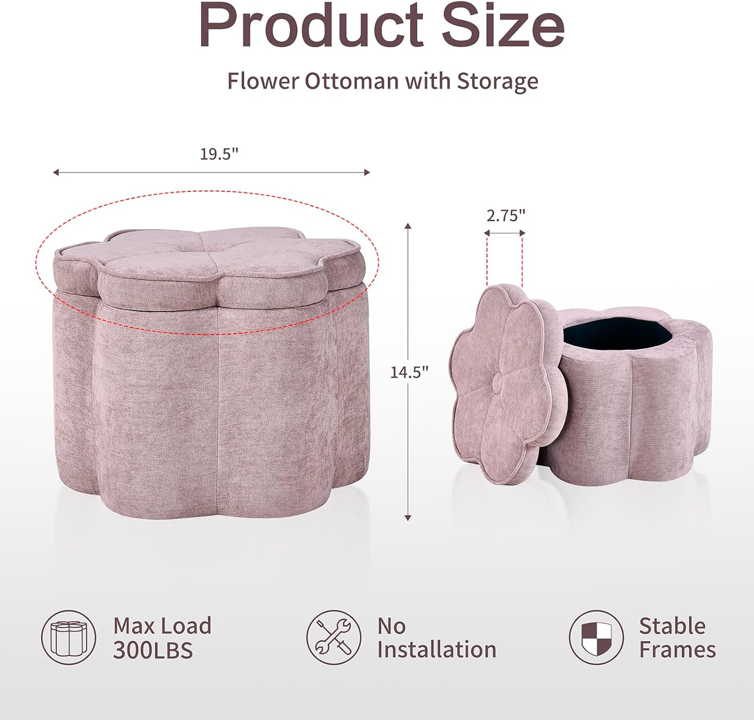 Crestview Collection 14.5" H Pink Flower Storage Ottoman,Sandy Pink | Chenille Fabric,Holds 300 LBS,Seating Foot Rest,For Bedroom Living Room Entryway,Home Decor