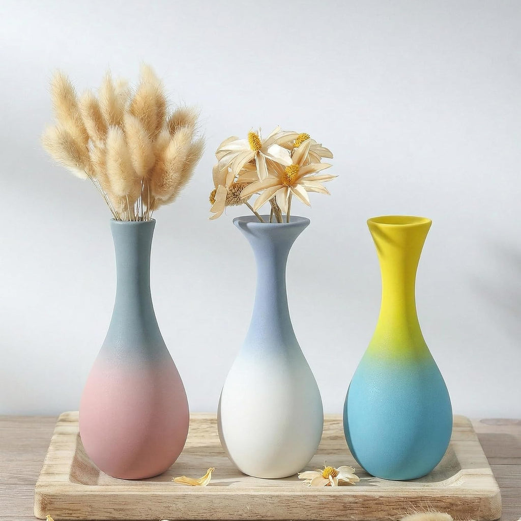 Handmade Ceramic Bud Vases Set of 3, Gradient Ombre Colors, Matte Frosted Finish, Teardrop Shape with Narrow Necks, Modern Minimalist Decor