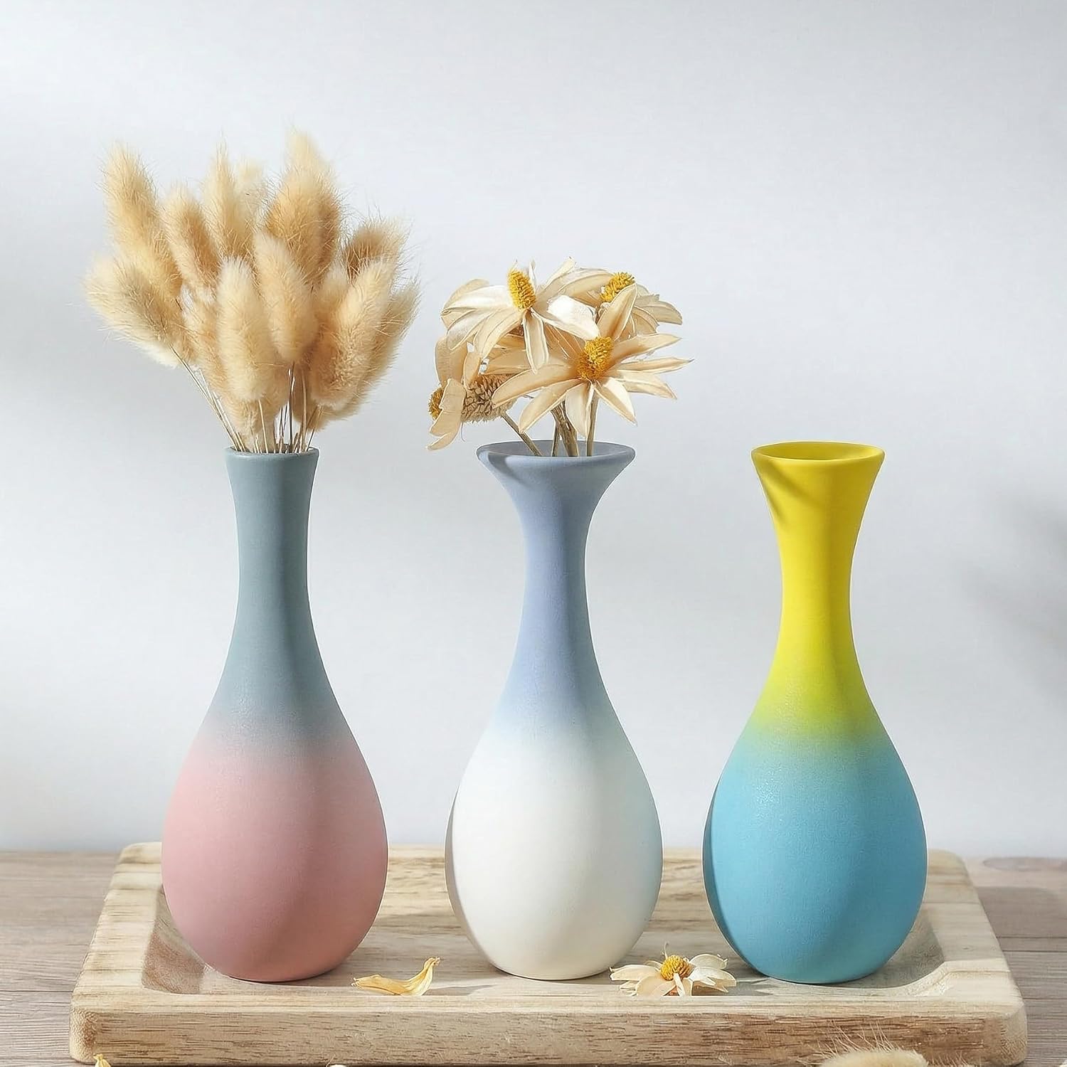 Handmade Ceramic Bud Vases Set of 3, Gradient Ombre Colors, Matte Frosted Finish, Teardrop Shape with Narrow Necks, Modern Minimalist Decor