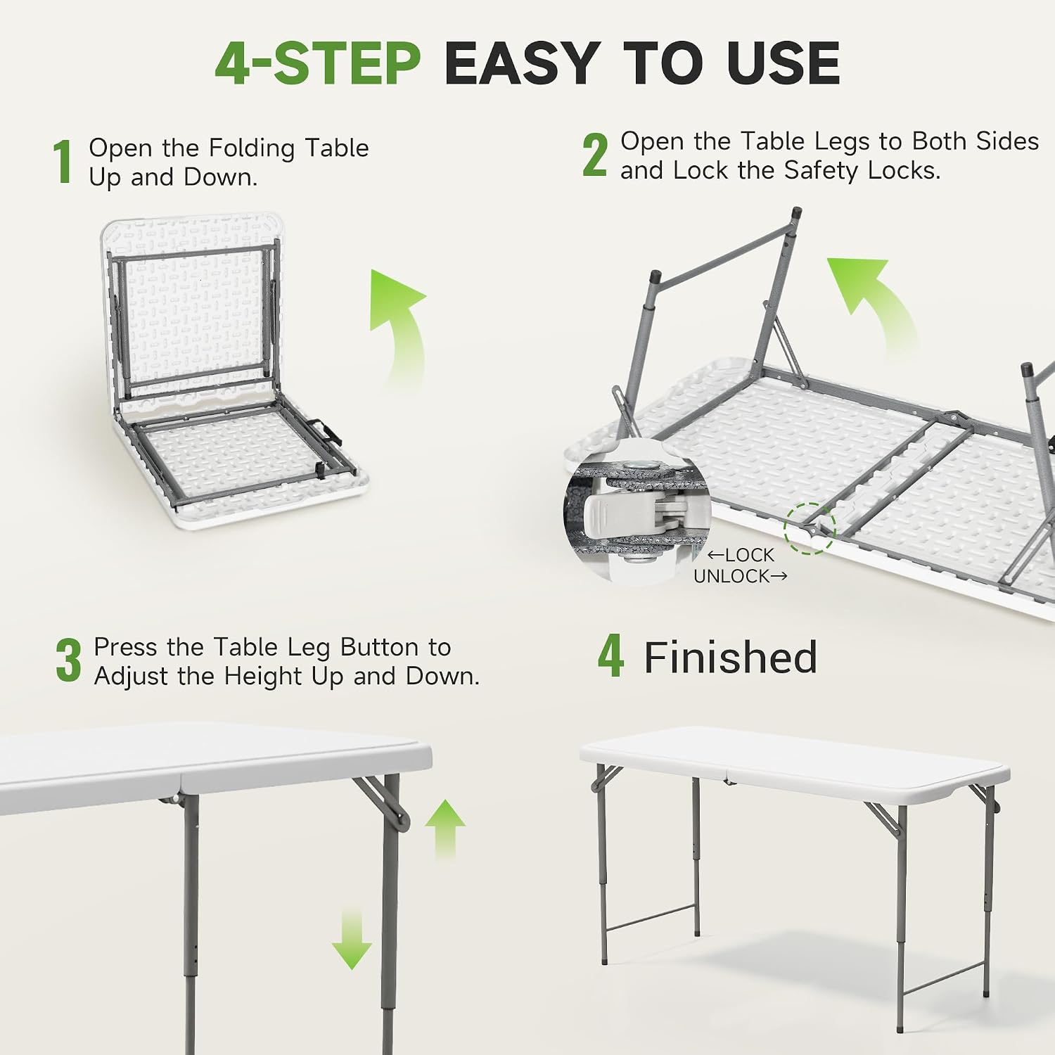 Folding Table 4 Foot with Black Table Cloth- 3-Position Adjustable Height, Heavy Duty 400 lbs Capacity - Portable Tables Folding for Camping, Party, Indoor & Outdoor Use, 2 Pack